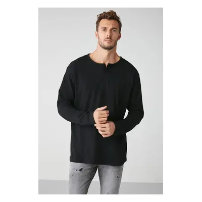 GRIMELANGE Lorenzo Men's Special Textured Fabric 100% Cotton Button Detailed Regular Black Sweat