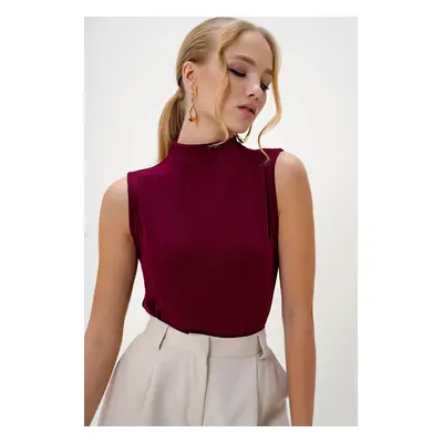 Trend Alaçatı Stili Women's Burgundy Stand Collar Two Thread Sleeveless Blouse