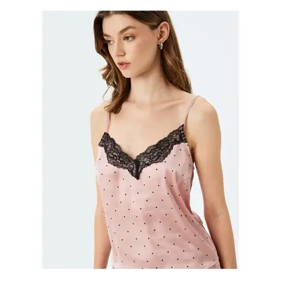 Koton Lace Detailed Strapless V Neck Polka Dot Satin Pajama Top