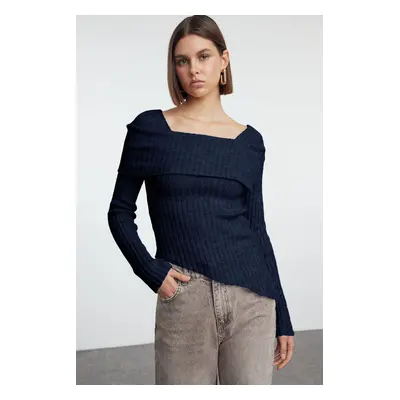 Trendyol Navy Blue Collar Detailed Both Asymmetric Knitwear Sweater