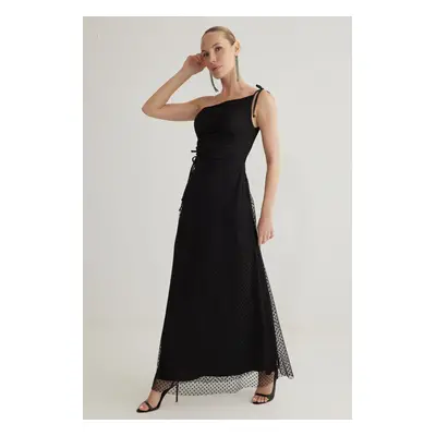 Trendyol Black A-Line Asymmetrical Neck Tulle Knitted Long Evening Dress