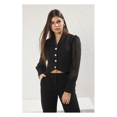 Trendyol Black Metal Button Detailed Transparent Sleeve Crop Blazer Jacket