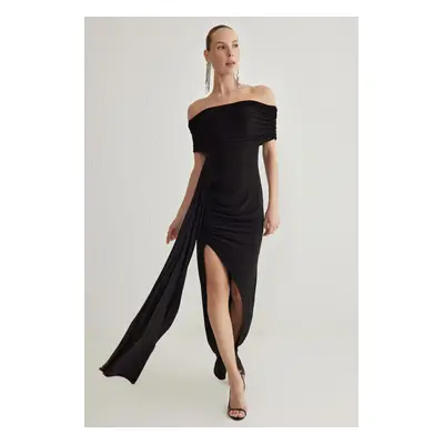 Trendyol Black Body-Sit Carmen Collar Knitted Elegant Evening Dress