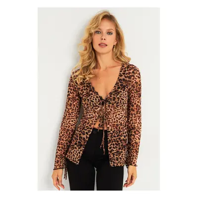 Cool & Sexy Women's Camel-Black Leopard Patterned Tulle Blouse GO175