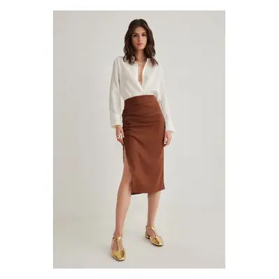 Trendyol Dark Brown Pleated Slit Detail Pencil Fit Midi Woven Skirt