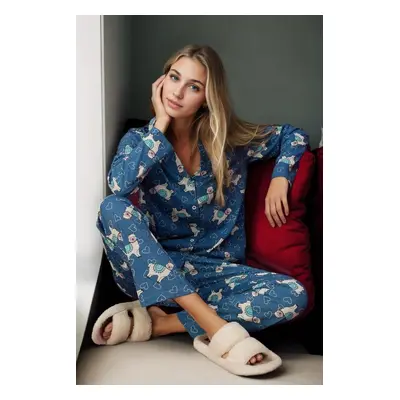 43103 Dewberry Buttoned Women Pyjama Set-BLUE