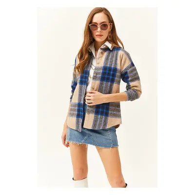 Olalook Women's Stone Navy Blue Plaid Lumberjack Shirt