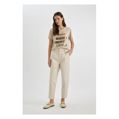 DEFACTO Paperbag Gabardine Trousers High Waist Pocket Basic Straight Standard Leg