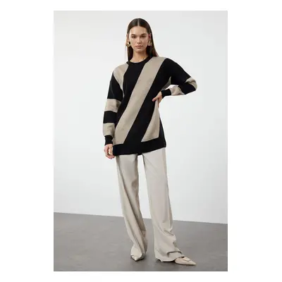 Trendyol Camel Stone Color Blocked Knitwear Striped Sweater