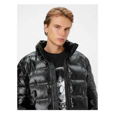 Koton Puffer Coat Leather Look Zippered High Neck