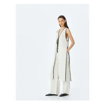 Koton Linen Blend Front Tie Detail Long Sleeveless Vest