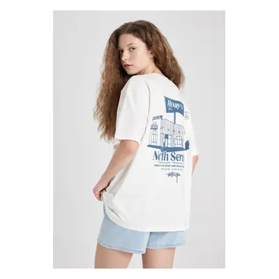 DEFACTO Oversize Wide Pattern Crew Neck Back Printed Short Sleeve T-Shirt