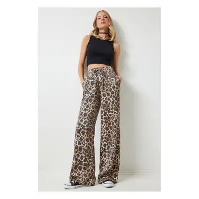 Happiness İstanbul Women's Black Beige Leopard Patterned Viscose Palazzo Trousers