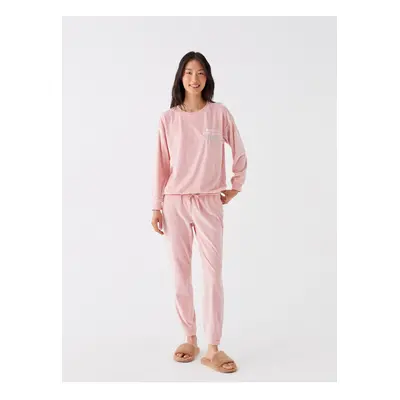 LC Waikiki Crew Neck Embroidered Long Sleeve Velvet Women's Pajamas Set