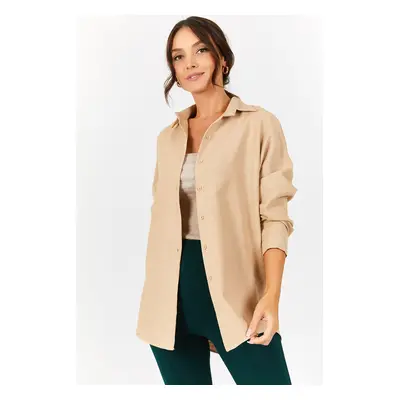 armonika Women's Beige Oversize Long Basic Shirt