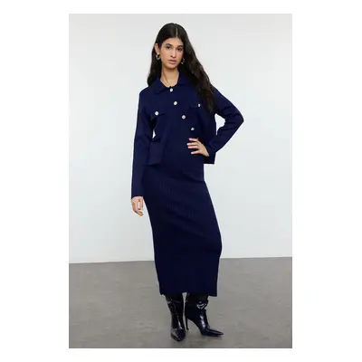 Trendyol Navy Blue Cardigan-Dress Knitwear Bottom-Top Set