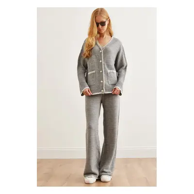 Olalook Women's Gray Piping Detailed Top Cardigan Bottom Trousers Knitwear Set