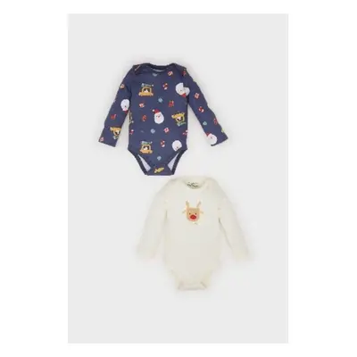 DEFACTO Baby Boy Newborn Envelope Collar Christmas Themed 2-Piece Long Sleeve Snap Bodysuit