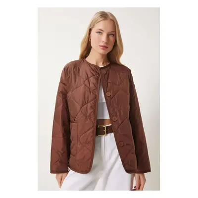 Happiness İstanbul Women's Brown Large Pocket Quilted Jacket