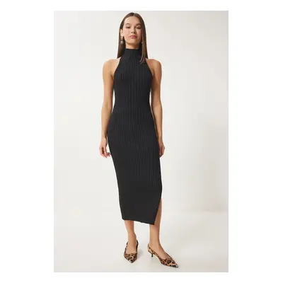 Happiness İstanbul Women's Black Off-the-Shoulder Wrapped Ribbed Knit Dress