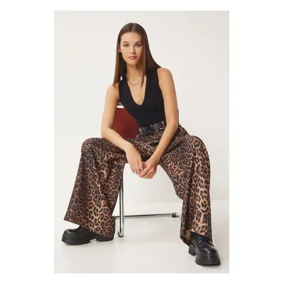 Happiness İstanbul Women's Camel Black Leopard Print Double Belted Culatte Woven Trousers