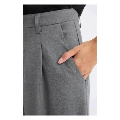 DEFACTO Darted Classic Grey Trousers Wide Leg Wide Leg Basic Straight Long Length High Waist Poc