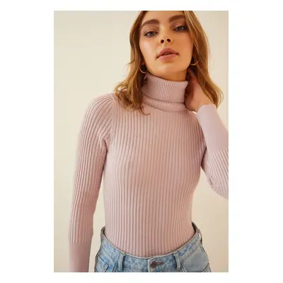 Happiness İstanbul Women's Powder Turtleneck Ribbed Lycra Sweater