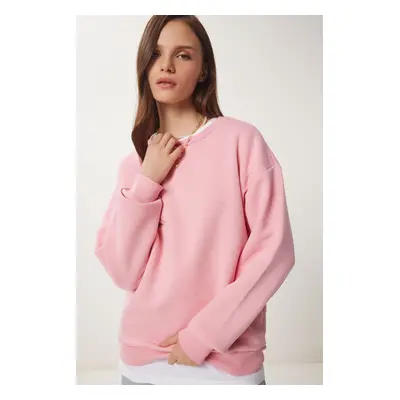 Happiness İstanbul Women's Pink Raised Basic Sweatshirt