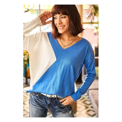 Olalook Women's Blue Block V Neck Loose Knitwear Sweater