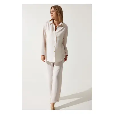 Happiness İstanbul Women's Bone Linen Oversize Shirt Loose Pants Set