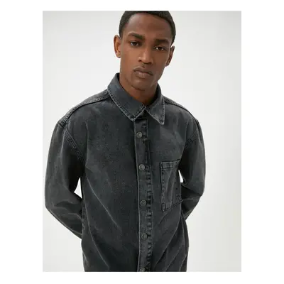 Koton Washed Denim Shirt Jacket Long Sleeve Single Pocket Detailed Classic Collar Cotton