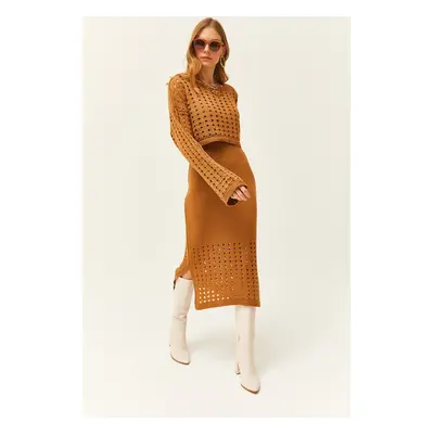 Olalook Women Camel Top Openwork Sweater Bottom Openwork Dress Knitwear Suit