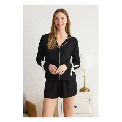 Trendyol Black Tie/Ribbon/Bow and Piping Detail Viscose Woven Pajama Set