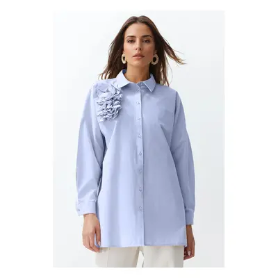 Trendyol Light Blue Applique Flower Detailed Cotton Woven Shirt