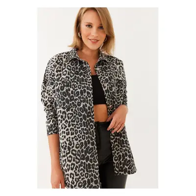 Bianco Lucci Women's Gabardine Leopard Denim Jacket