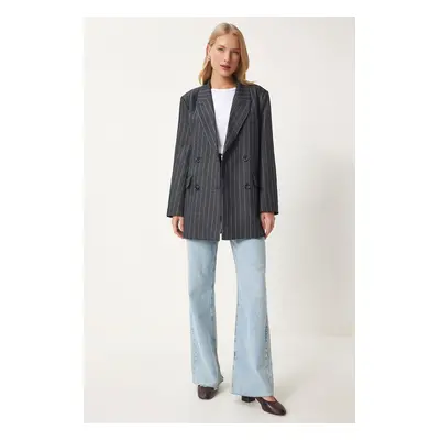 Happiness İstanbul Women's Anthracite Double Breasted Striped Woven Jacket