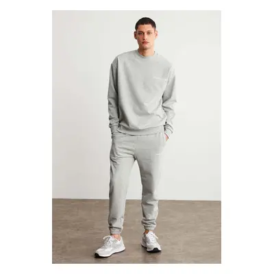 GRIMELANGE Marshall Men's Cotton Fleece Embroidered Relaxed Grey Melange Tracksuit Se