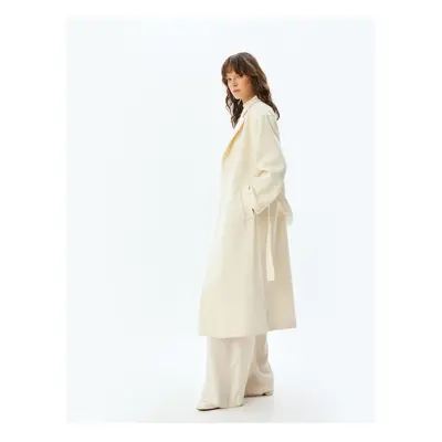 Koton Extra Long Cashmere Coat with Belt Detail and Pockets