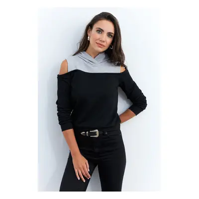 Cool & Sexy Women's Black-Grey Off-Shoulder Sweatshirt TF15