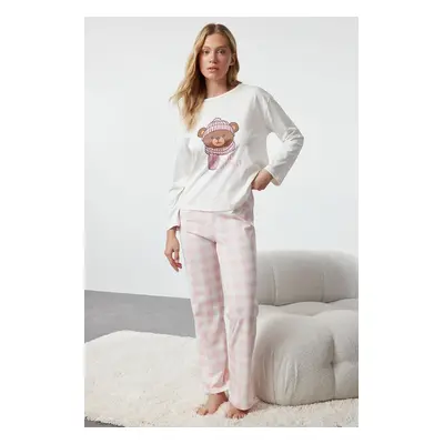 Trendyol Ecru 100% Cotton Teddy Bear Plaid Knitted Pajama Set