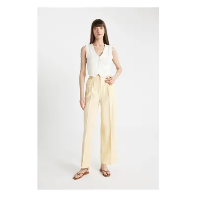 DEFACTO Linen Blend Trousers Wide Leg Pocket Wide Wide Leg Pleated High Waist Basic Plain Standa