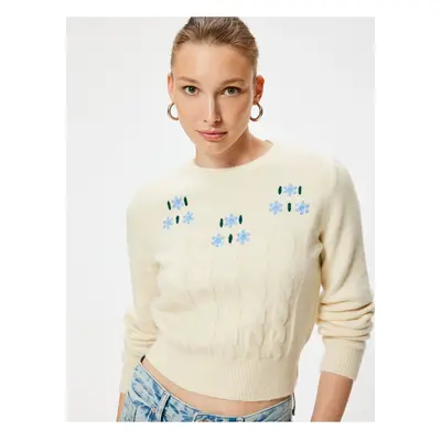 Koton Long Sleeve Soft Textured Floral Knitwear Sweater