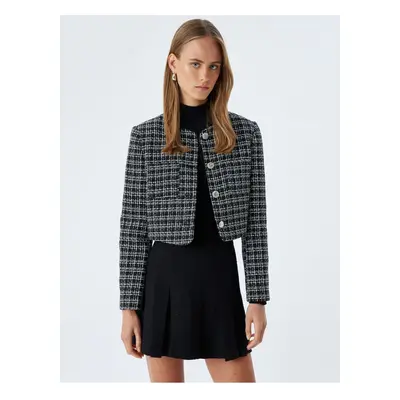 Koton Tweed Crop Jacket Round Neck Pocket Detail Buttoned Wool Blend