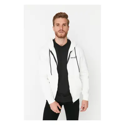 Trendyol White Regular Cut Hooded Slogan Printed Fleece/Warm Sweatshirt