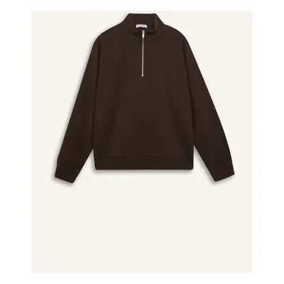 DEFACTO Oversize Wide Cut Basic Plain Kangaroo Pocket Zippered Polo Neck Sweatshirt