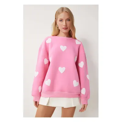 Happiness İstanbul Women's Pink Heart Textured Raised Knitted Sweatshirt