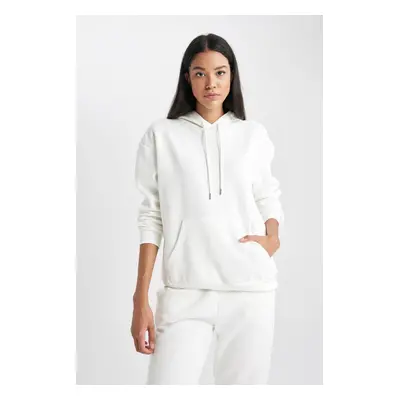 DEFACTO Relax Fit Hooded Kangaroo Pocket Thick Basic Plain White Sweatshirt