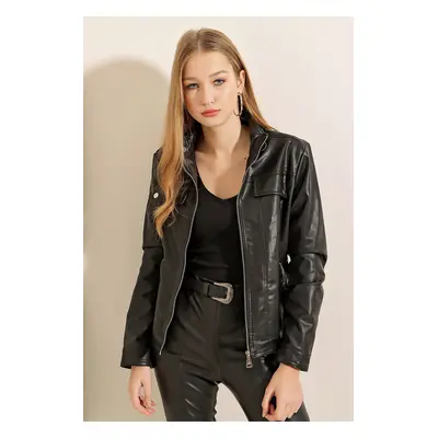 Bigdart High Neck Leather Jacket - Black