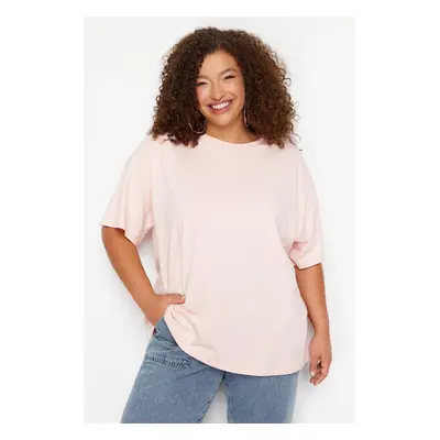 Trendyol Curve Light Pink 100% Cotton Back Printed Wide Comfort Fit Crew Neck Knitted T-Shirt