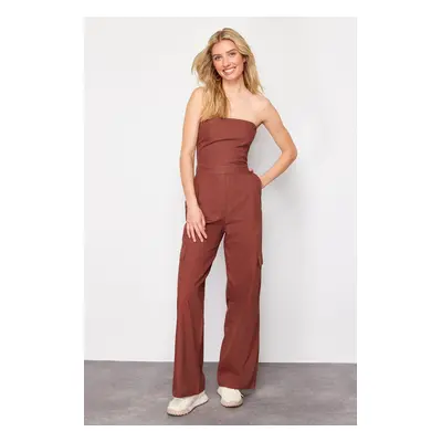 Trendyol Brown Cargo Pocket Strapless Collar Maxi Woven Jumpsuit